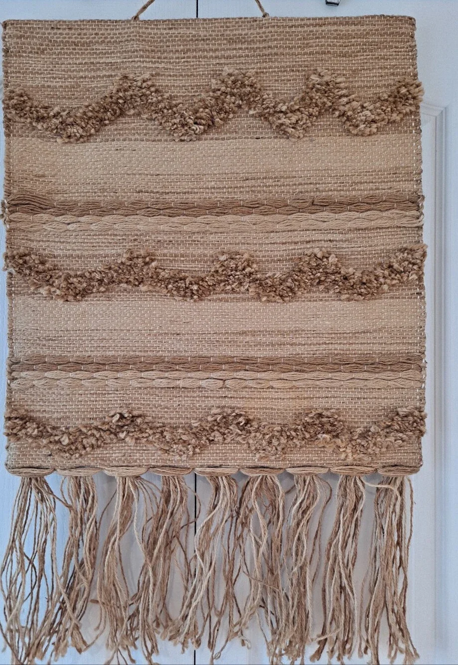 Handwoven Boho Wall Hanging Art in Natural Tan and Cream Organix Jute.